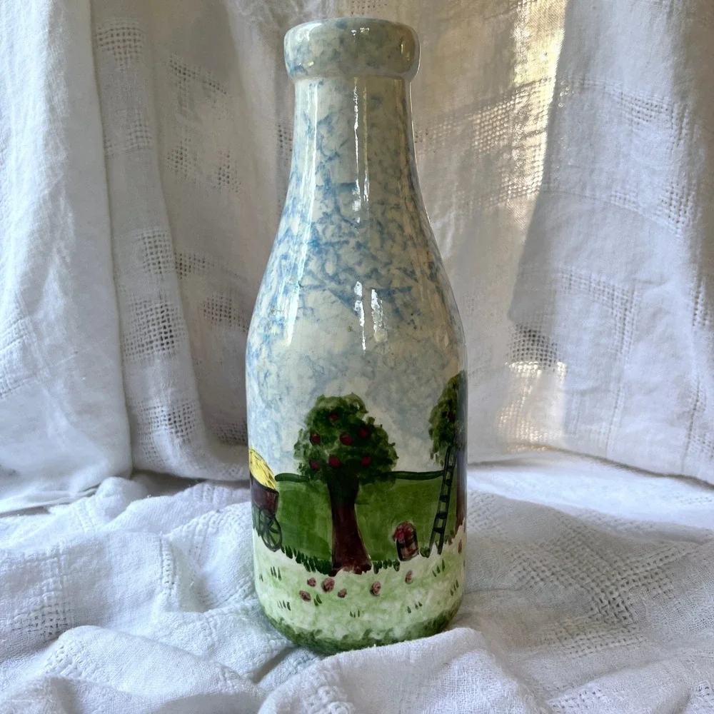 Vintage 80s Hand Painted Ceramic Milk Bottle Vase Cottage Country Barn Folk Art